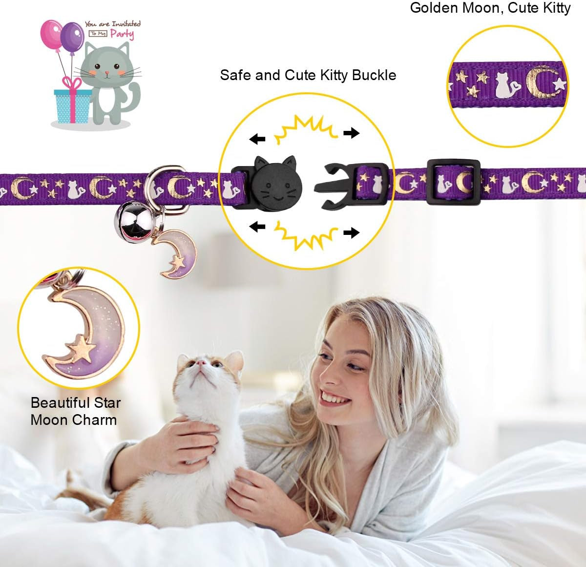 2-Pack Adjustable Glow-in-the-Dark Cat Collars with Moons & Stars Design