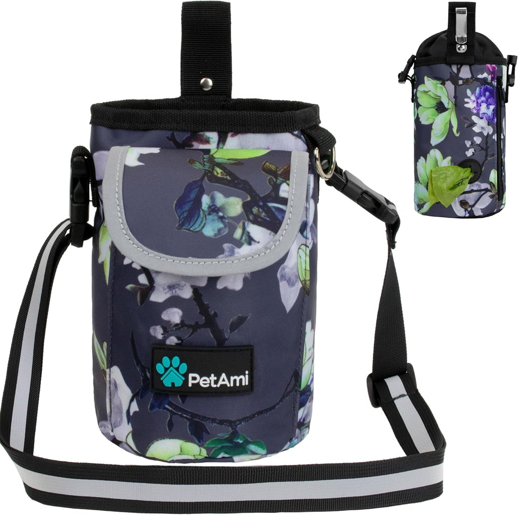 Dog Treat Pouch, Large Dog Training Treat Bag with Adjustable Waist Belt, Built-In Poop Bag Dispenser & Multiple Storage Pockets, Hands-Free Dog Walking & Training Accessory (Floral Grey)