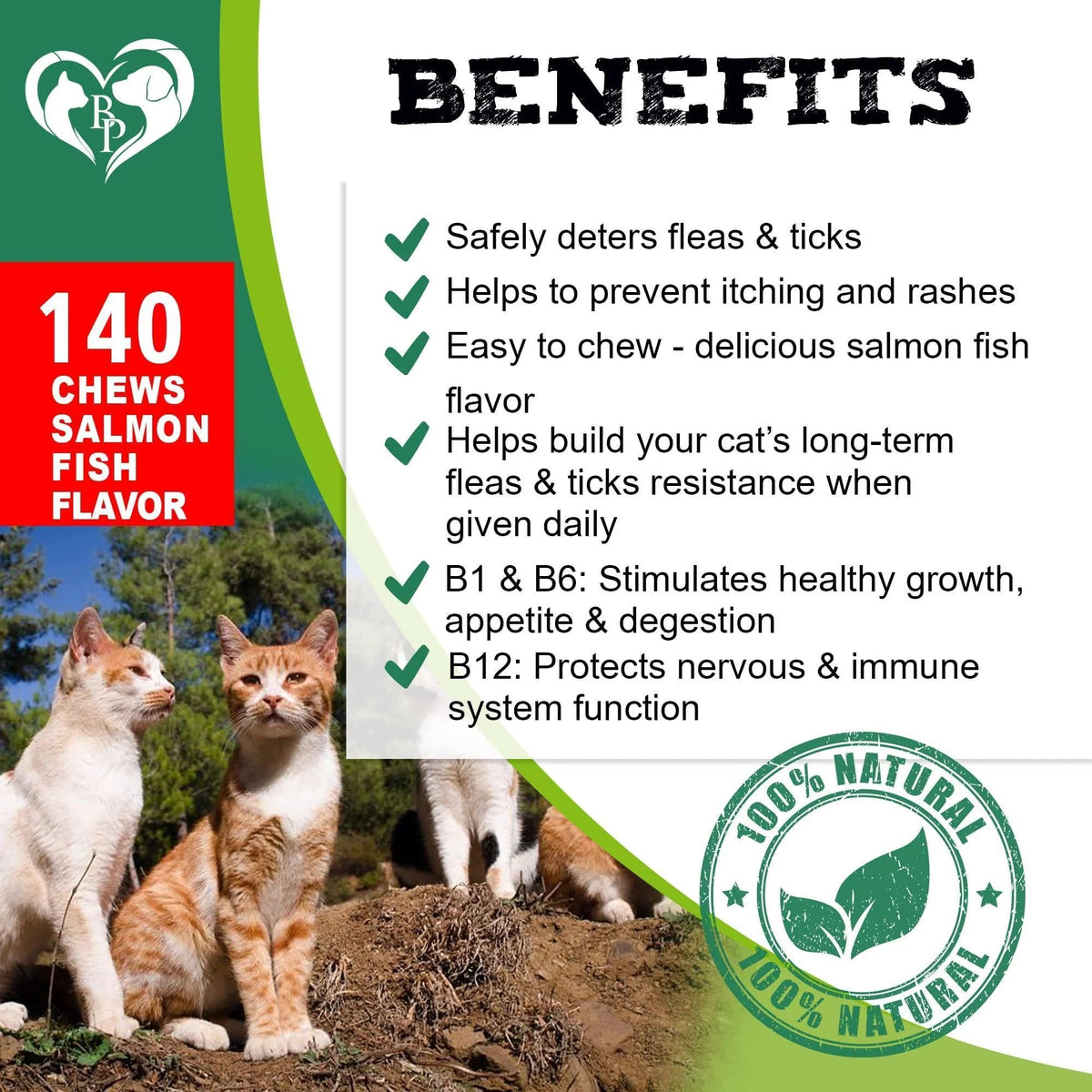 Natural Flea & Tick Chewable Treats for Cats - Salmon Flavor, Daily Soft Chews