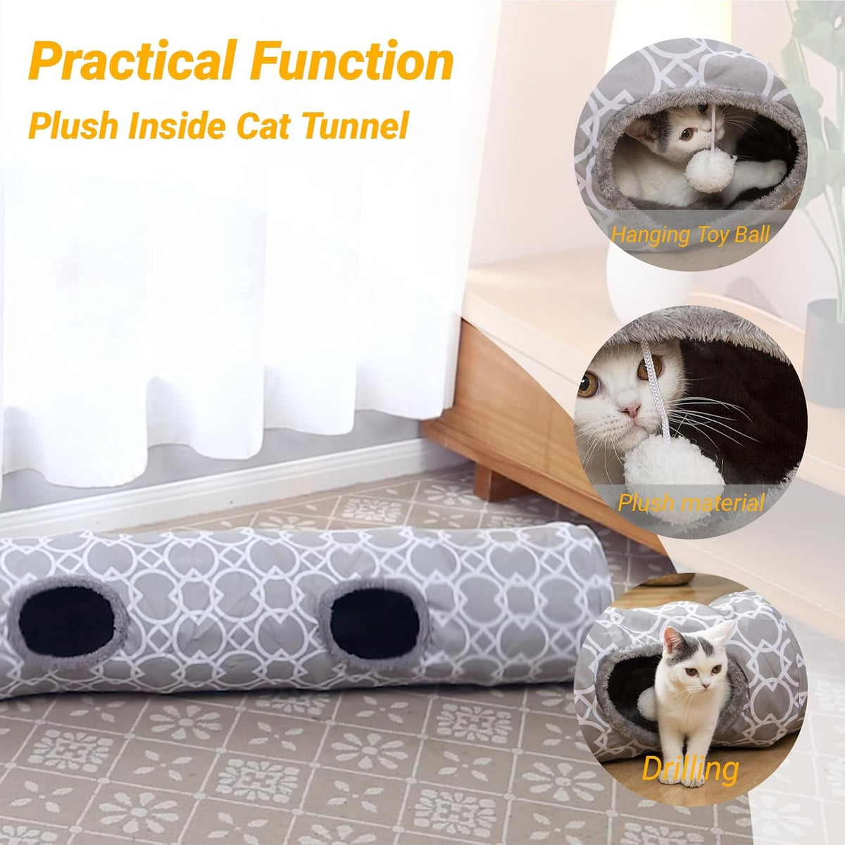 Geometric Straight Cat Tunnel with Plush Inside,Cats Toys Collapsible Tunnel Tube with Balls, for Rabbits, Kittens, Ferrets,Puppy, Diameter 9.8 Inch