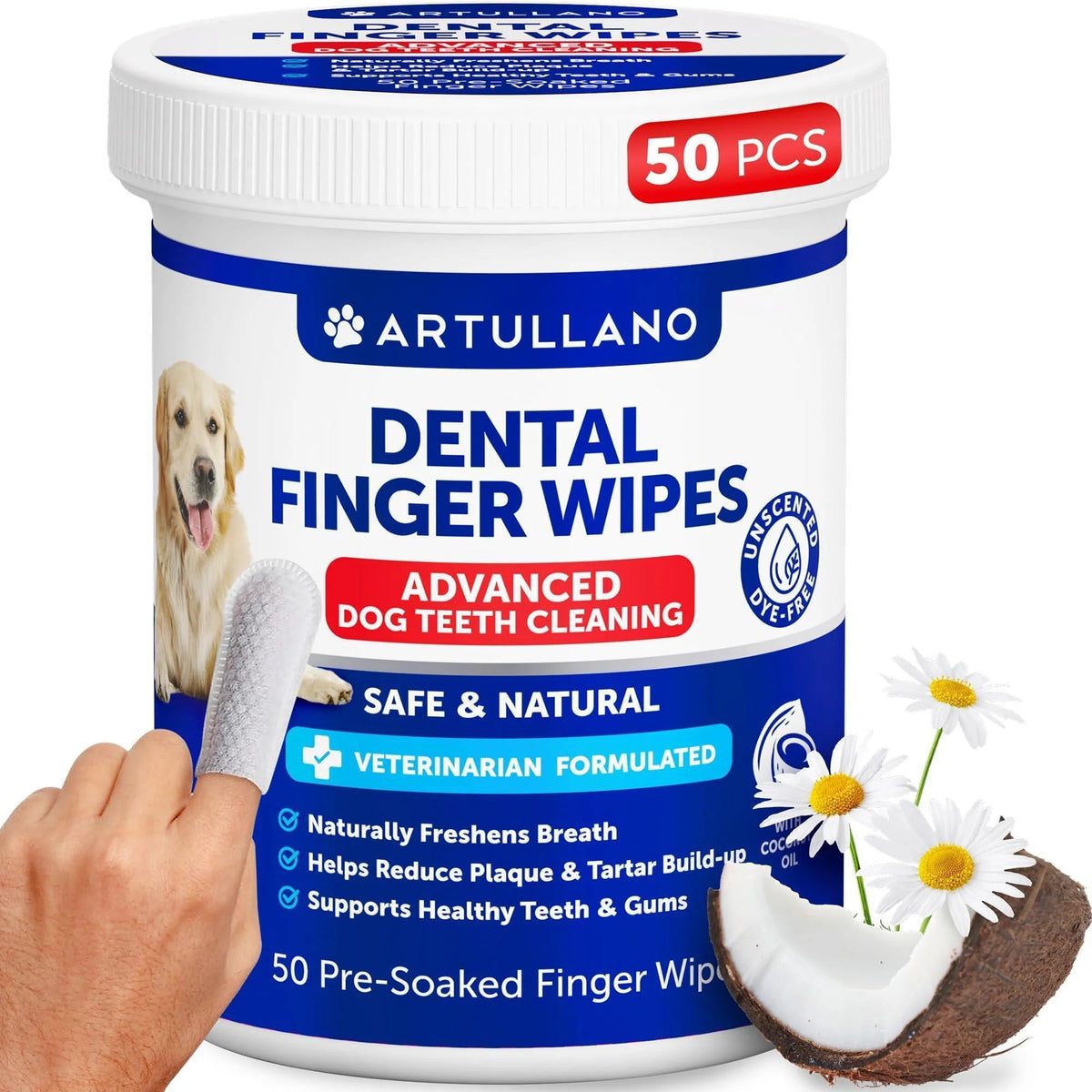Dog Teeth Cleaning Wipes 50 Dog Dental Care Finger Wipes Disposable Finger Toothbrush for Removing Plaque and Tartar Buildup Oral Freshness Healthy Teeth and Gum Support with Coconut Oil