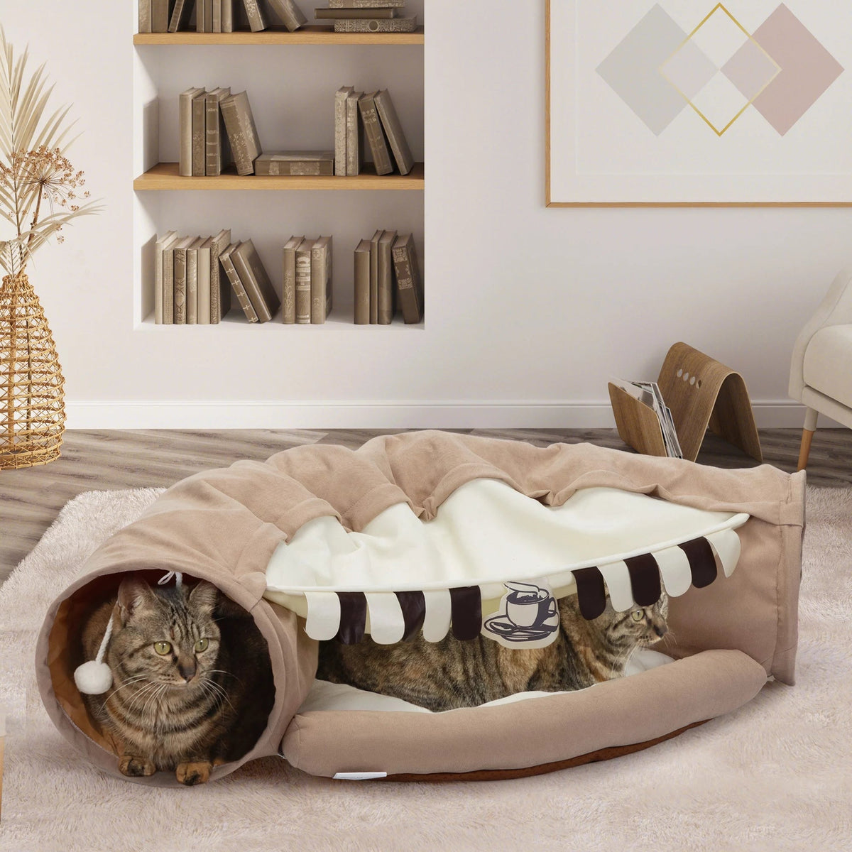 Cozy 2-in-1 Cat Tunnel Bed with Collapsible Washable Mat - Perfect for Indoor Cats in Stylish Coffee Color