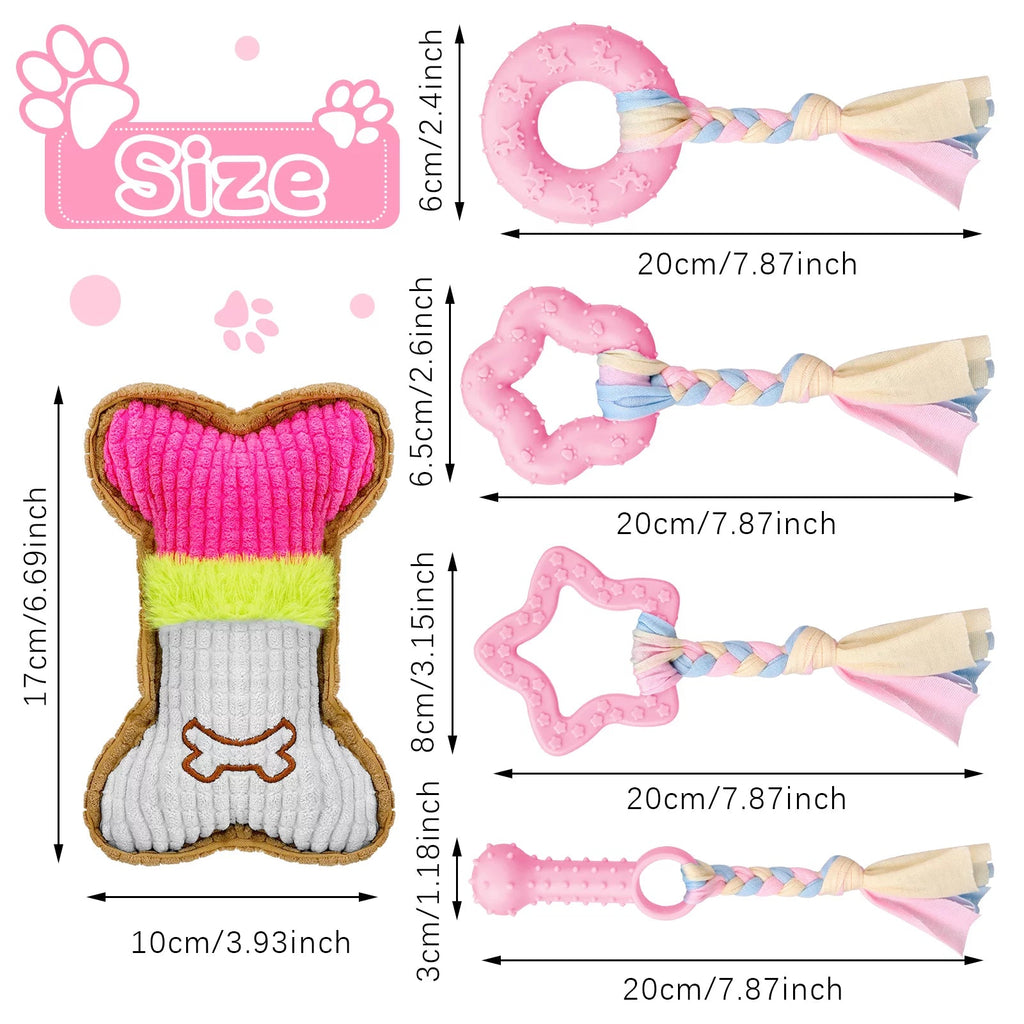 5 Pack Interactive Puppy Chew Toys - Plush Squeaky & Rubber Teething Toys for Small Dogs - Perfect for Dental Care & Playtime!