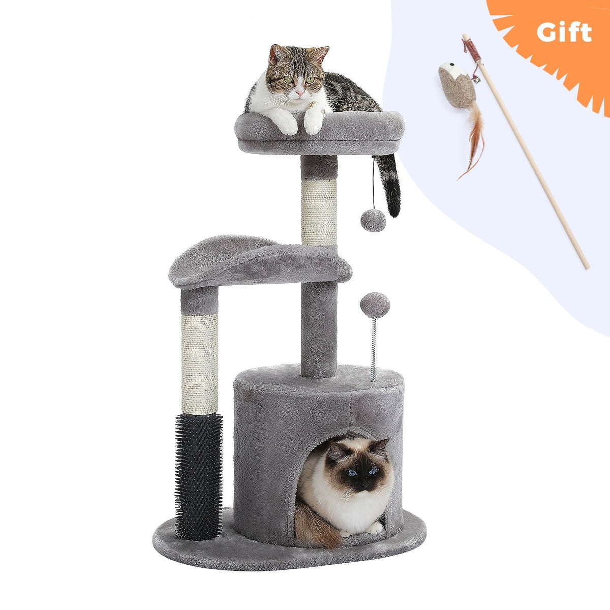 Deluxe 32.7" Gray Cat Tree - Cozy Condo & Scratching Posts with Self-Grooming Toy for Kittens