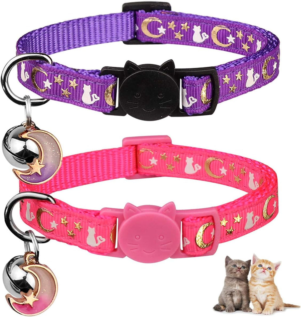2-Pack Adjustable Glow-in-the-Dark Cat Collars with Moons & Stars Design