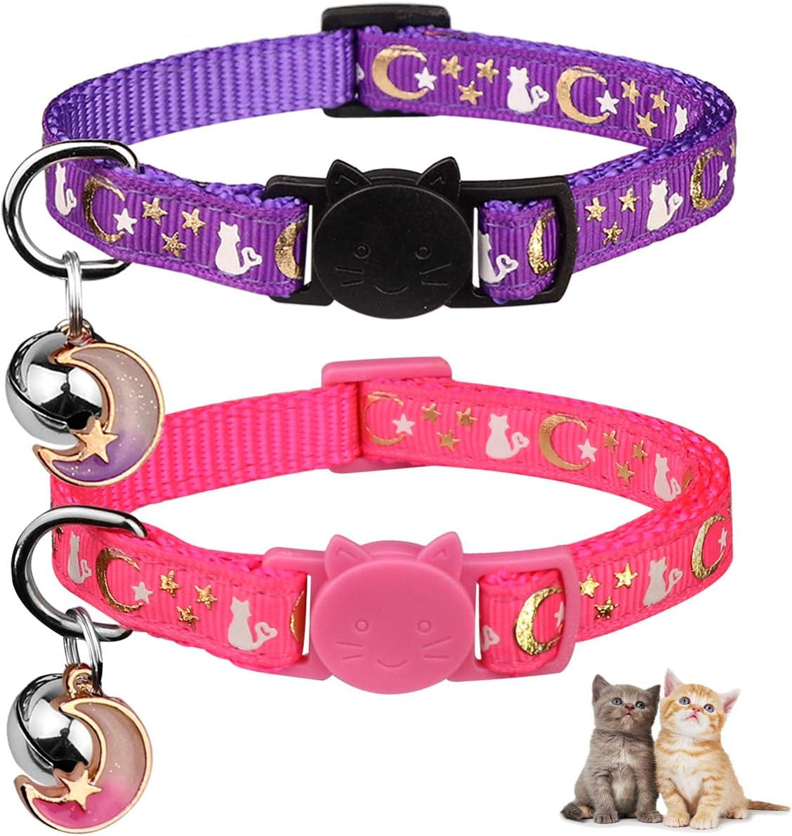 2-Pack Adjustable Glow-in-the-Dark Cat Collars with Moons & Stars Design