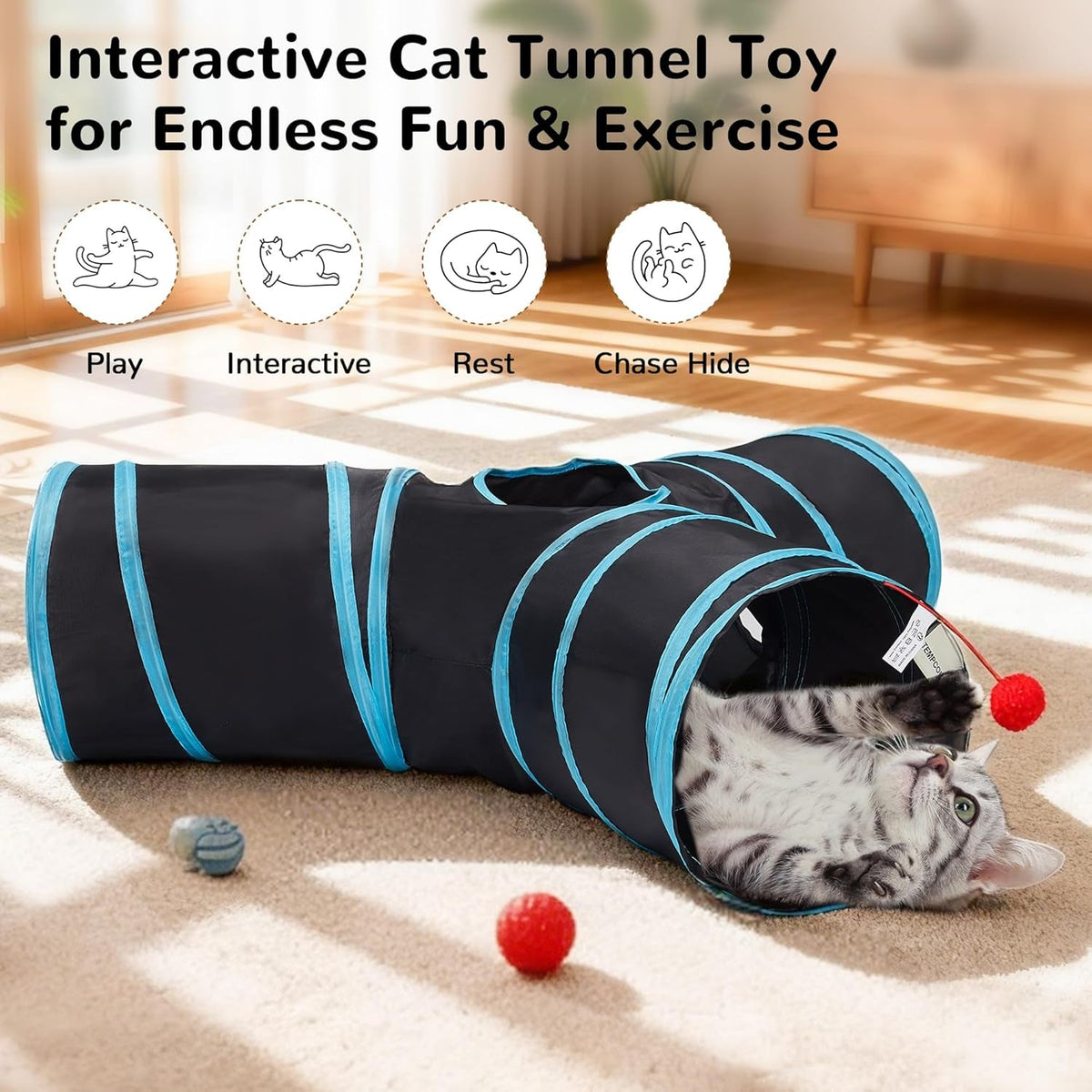 Pet Cat Tunnel Tube Cat Toys 3 Way Collapsible, Tunnels for Indoor Cats，Kitty Bored Peek Hole Toy Ball Cat, Puppy, Kitty, Kitten, Rabbit