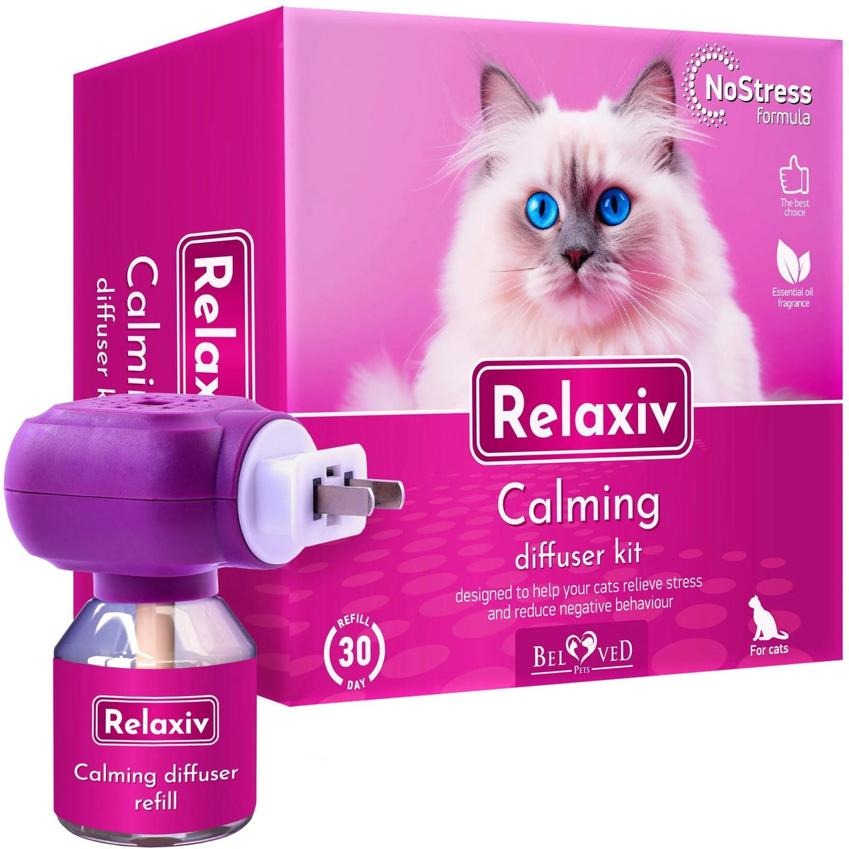 Relaxiv Natural Cat Calming Pheromone Diffuser Improved No Stress Formula anti Anxiety Treatment #1 for Cats and Dogs with a Long Lasting Calming Effect