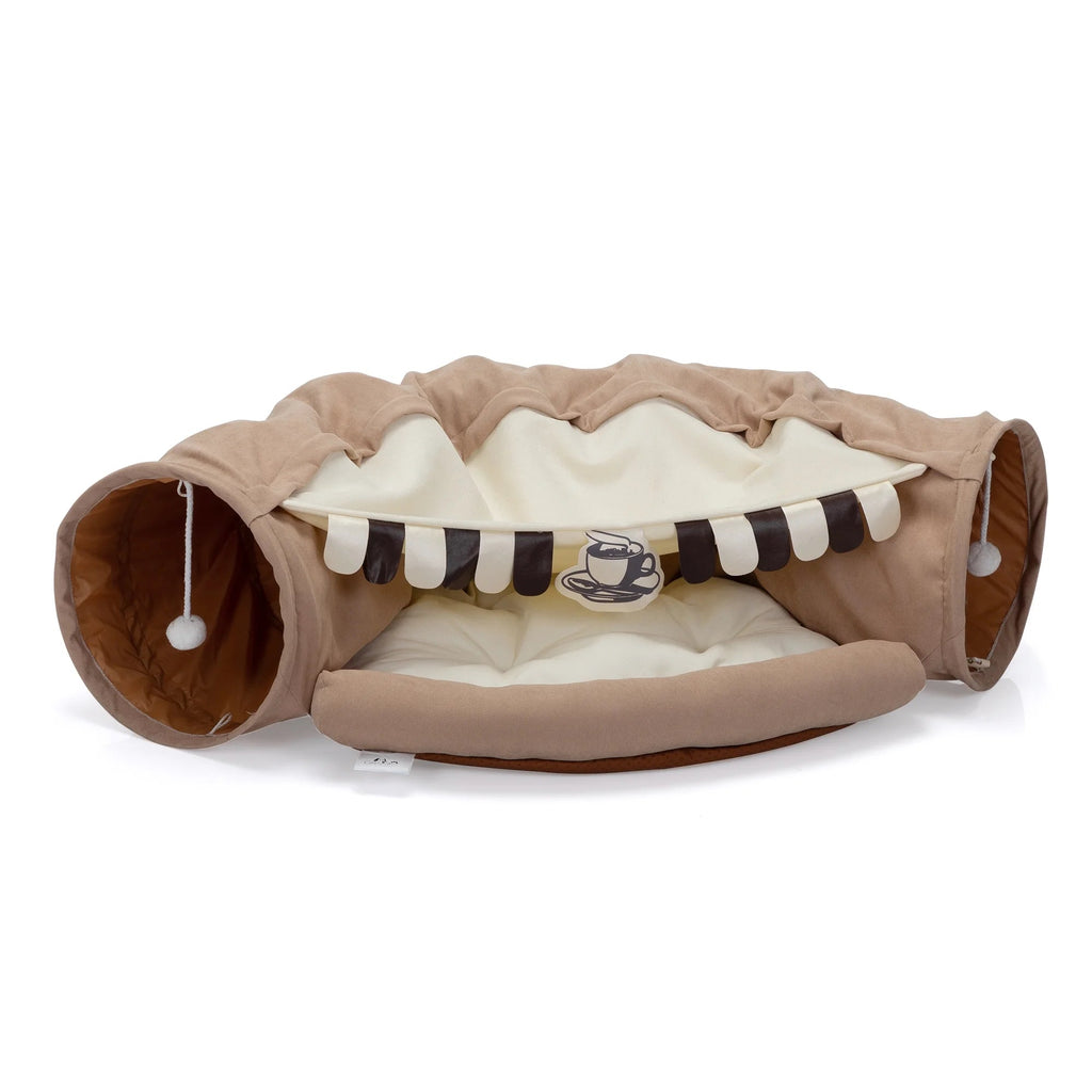 Cozy 2-in-1 Cat Tunnel Bed with Collapsible Washable Mat - Perfect for Indoor Cats in Stylish Coffee Color