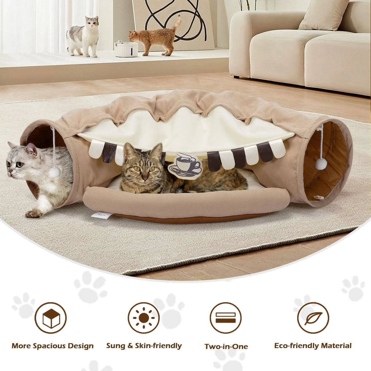 Cozy 2-in-1 Cat Tunnel Bed with Collapsible Washable Mat - Perfect for Indoor Cats in Stylish Coffee Color