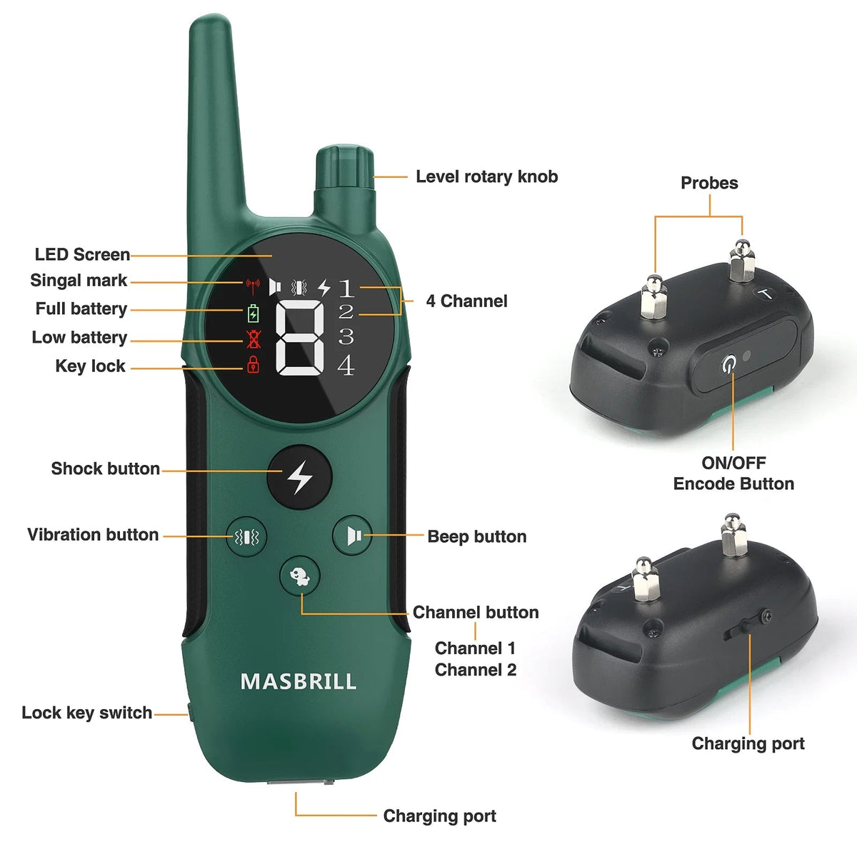 Dog Shock Collar 2 Remotes, Waterproof Rechargeable Electric Dog Training Collar with Remote, 2000Ft 3 Modes Beep Vibration Safe Shock,Green