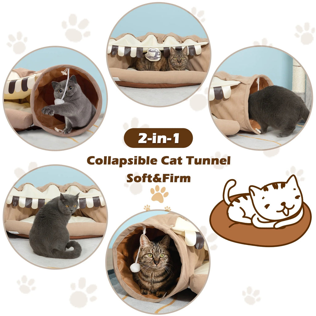 Cozy 2-in-1 Cat Tunnel Bed with Collapsible Washable Mat - Perfect for Indoor Cats in Stylish Coffee Color