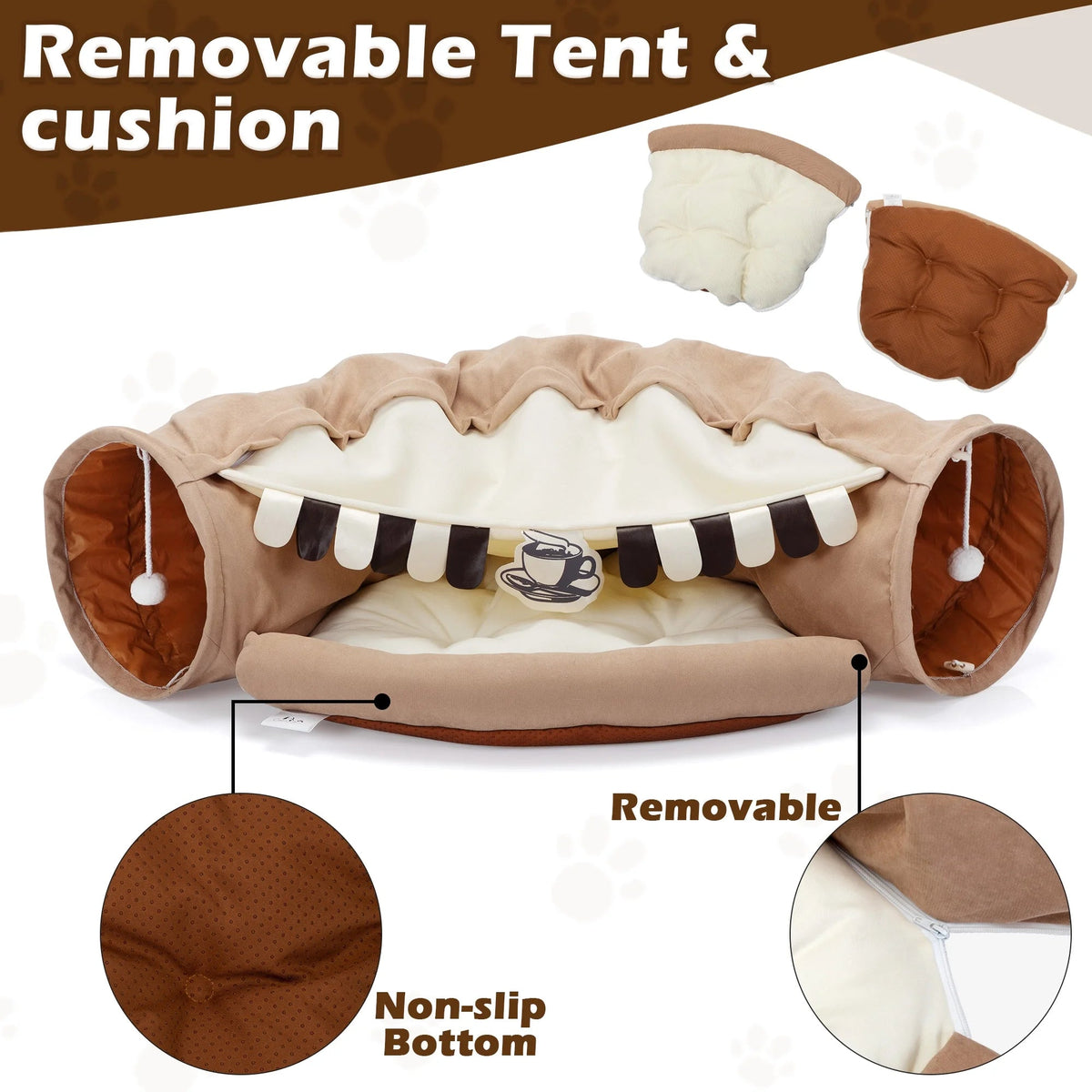 Cozy 2-in-1 Cat Tunnel Bed with Collapsible Washable Mat - Perfect for Indoor Cats in Stylish Coffee Color