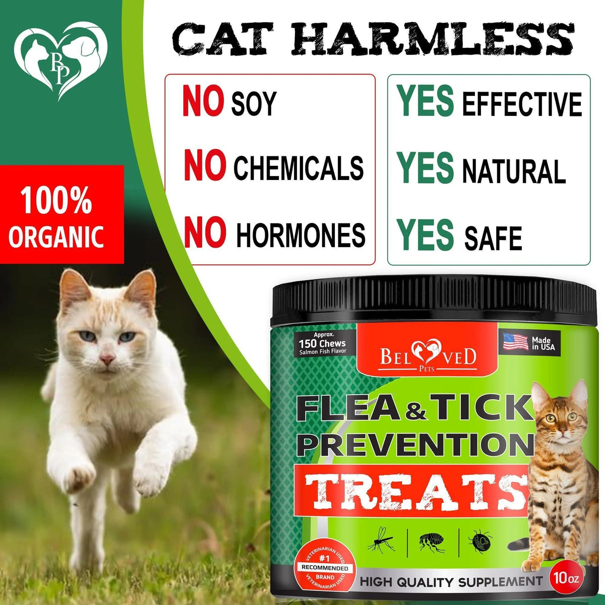 Natural Flea & Tick Chewable Treats for Cats - Salmon Flavor, Daily Soft Chews