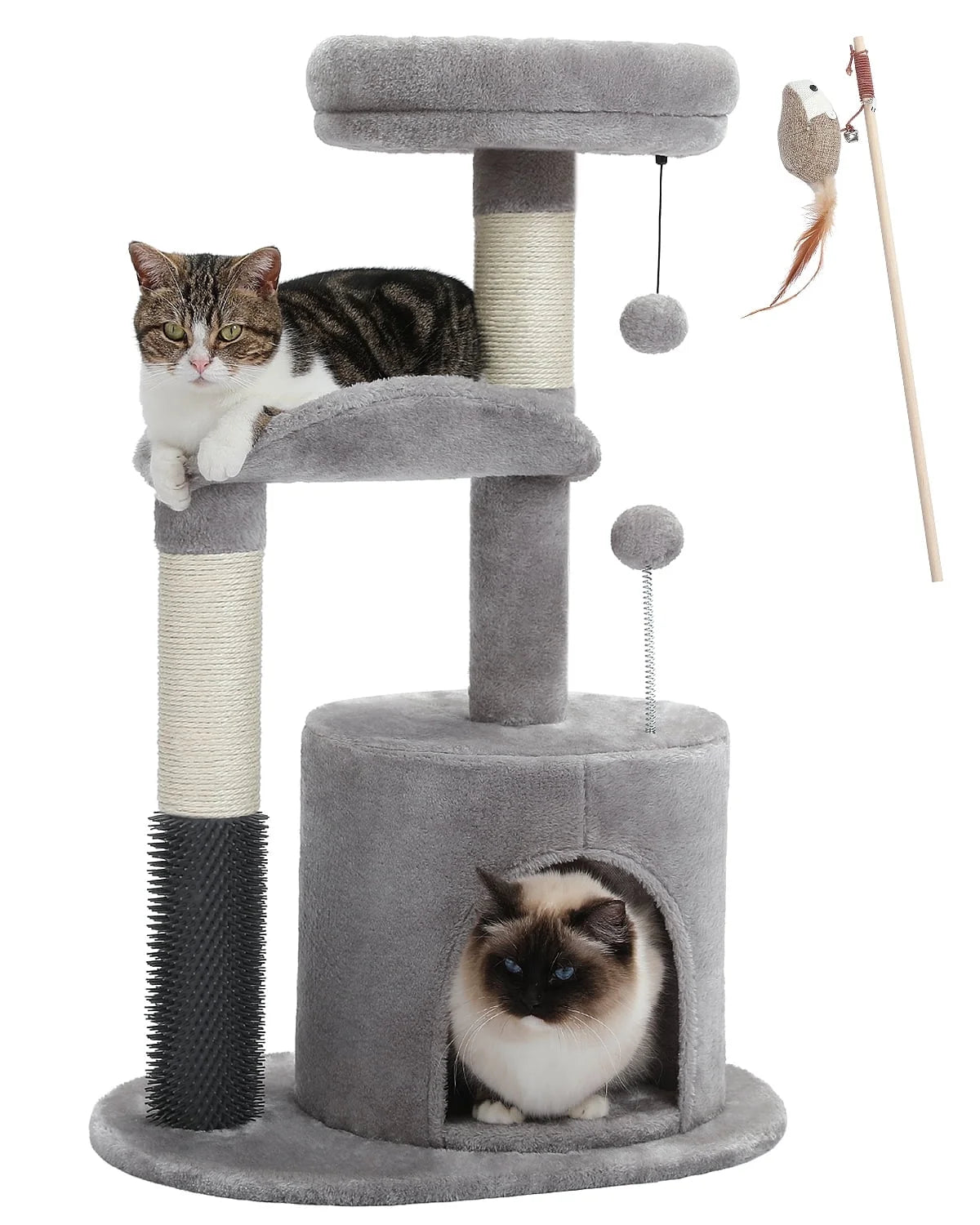 Deluxe 32.7" Gray Cat Tree - Cozy Condo & Scratching Posts with Self-Grooming Toy for Kittens