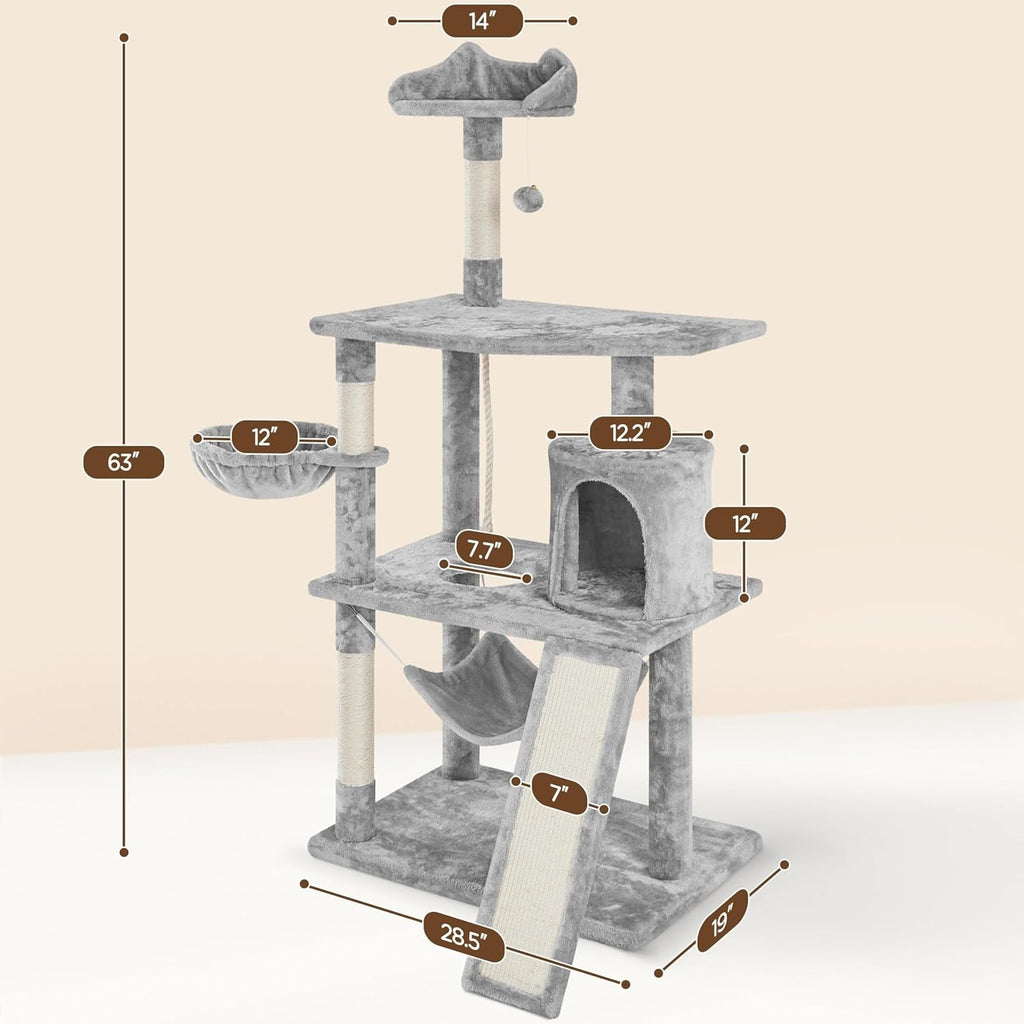 63.5In Multi-Level Cat Tree Tower Condo with Scratching Posts, Platform & Hammock, Cat Activity Center Play Furniture for Kittens, Cats, and Pets