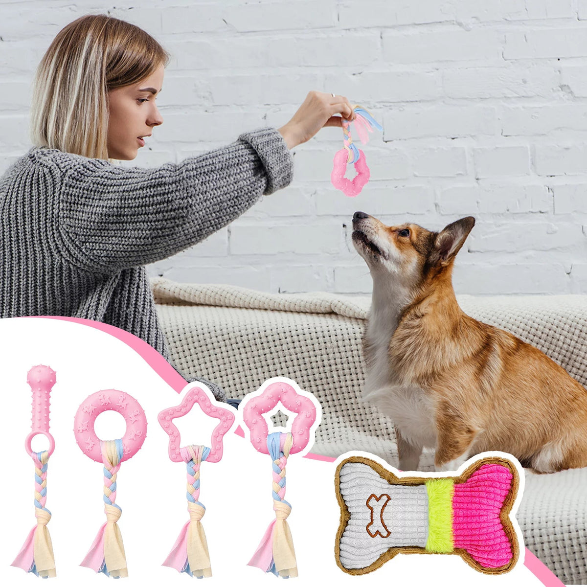 5 Pack Interactive Puppy Chew Toys - Plush Squeaky & Rubber Teething Toys for Small Dogs - Perfect for Dental Care & Playtime!
