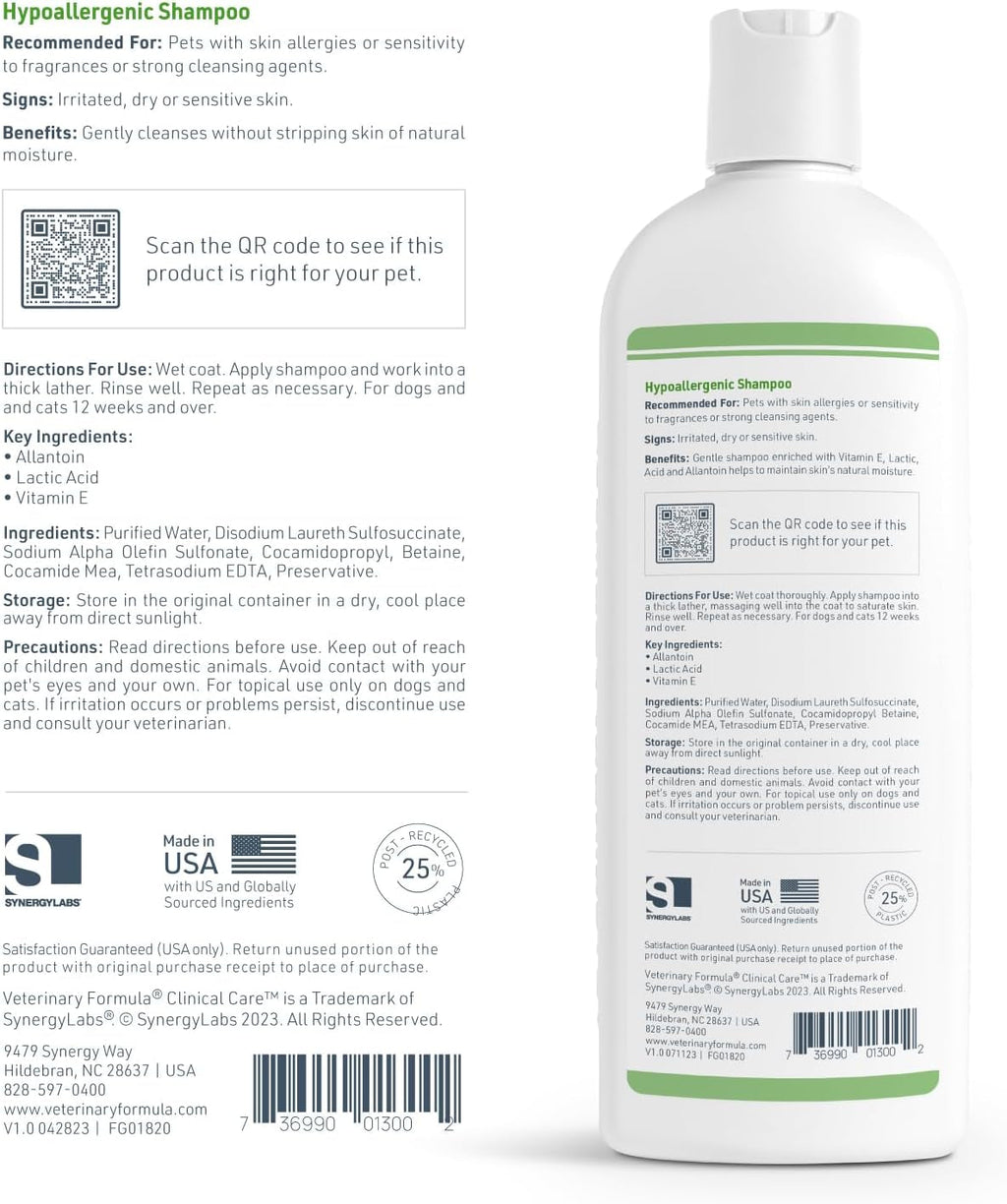 Clinical Care Hypoallergenic Shampoo for Dogs and Cats, 16 Oz – Gentle, Fragrance-Free Formula for Allergies and Sensitive Skin, Supports Healthy Skin and Coat