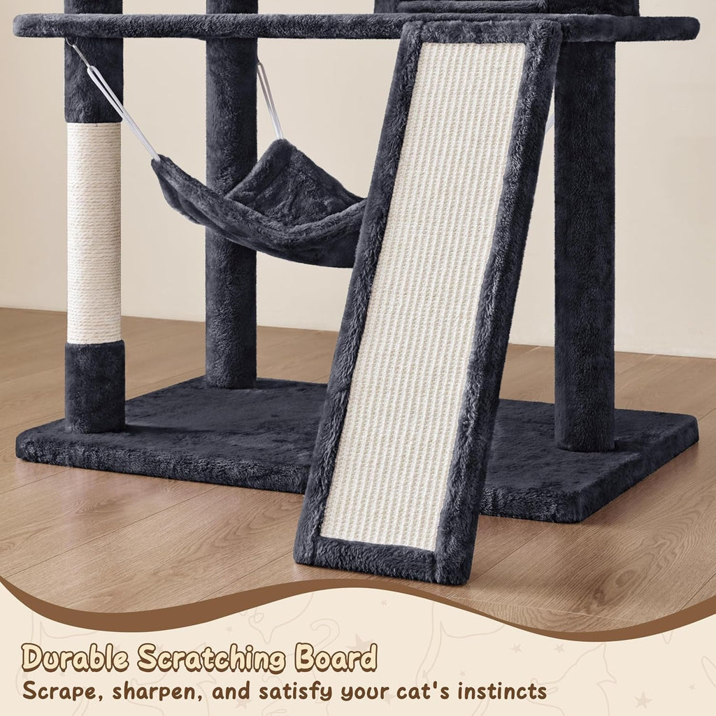 63.5In Multi-Level Cat Tree Tower Condo with Scratching Posts, Platform & Hammock, Cat Activity Center Play Furniture for Kittens, Cats & Pets