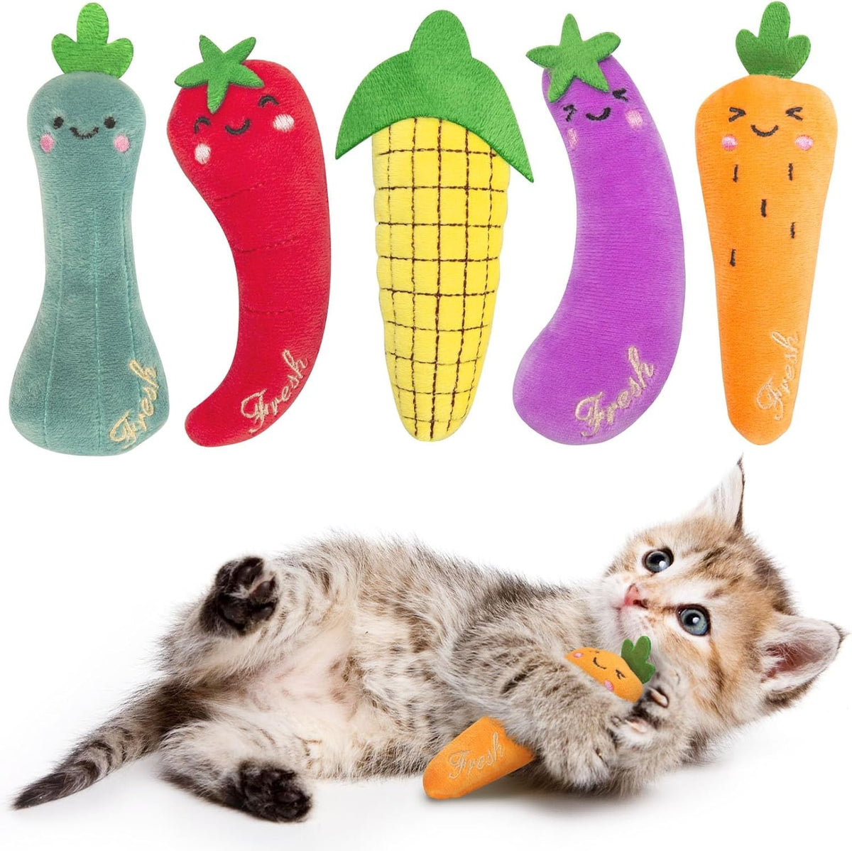 Interactive Plush Catnip Toys for Kittens - 5 Pack Fun Vegetable Shapes for Dental Care and Playtime