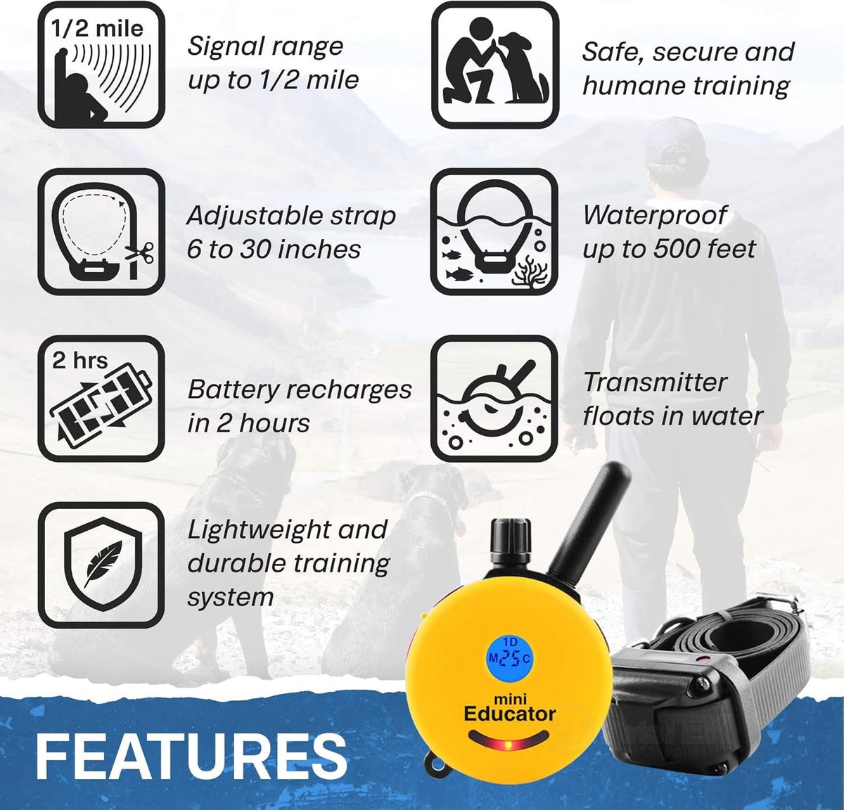 Educator ET-300 Mini E-Collar Dog Training Remote – 1/2 Mile, Waterproof, 100 Levels