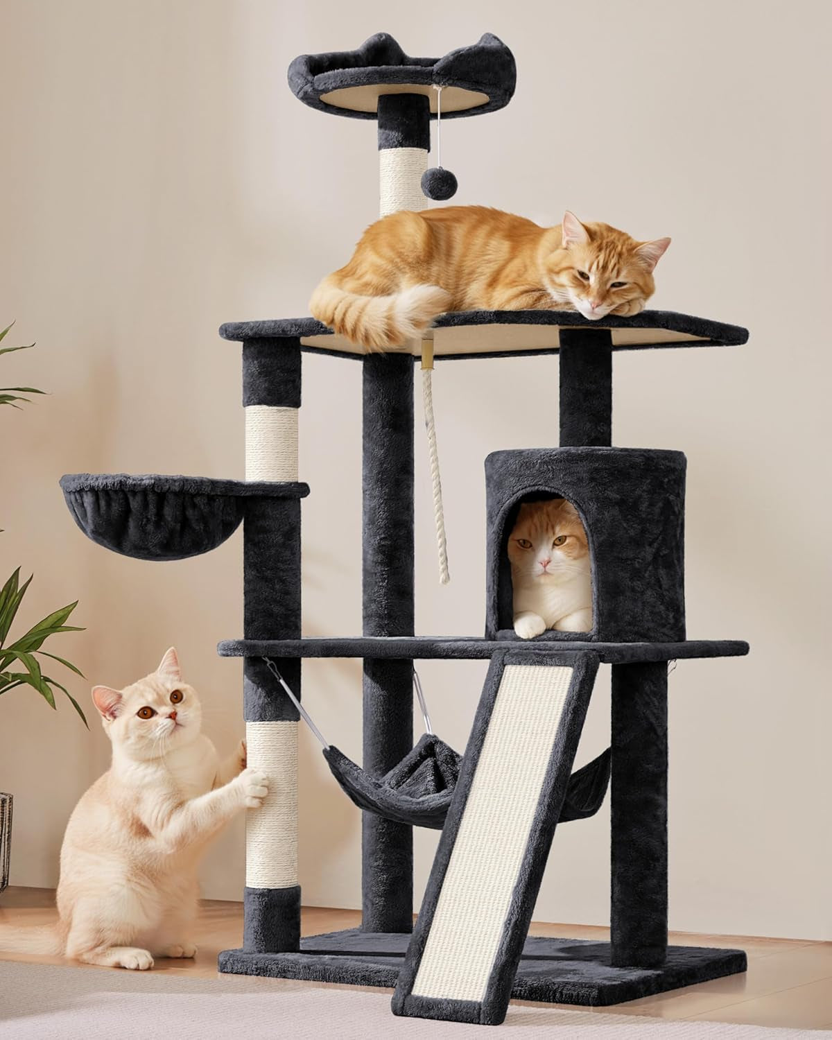 63.5In Multi-Level Cat Tree Tower Condo with Scratching Posts, Platform & Hammock, Cat Activity Center Play Furniture for Kittens, Cats & Pets