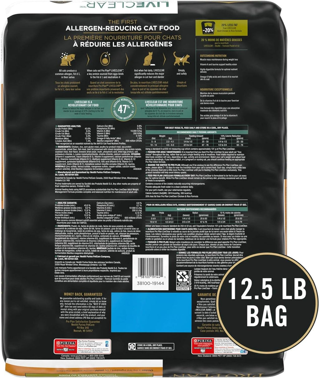 Live Clear Cat Food Weight Management and Cat Allergen Reducer Chicken and Rice Formula - 12.5 Lb. Bag