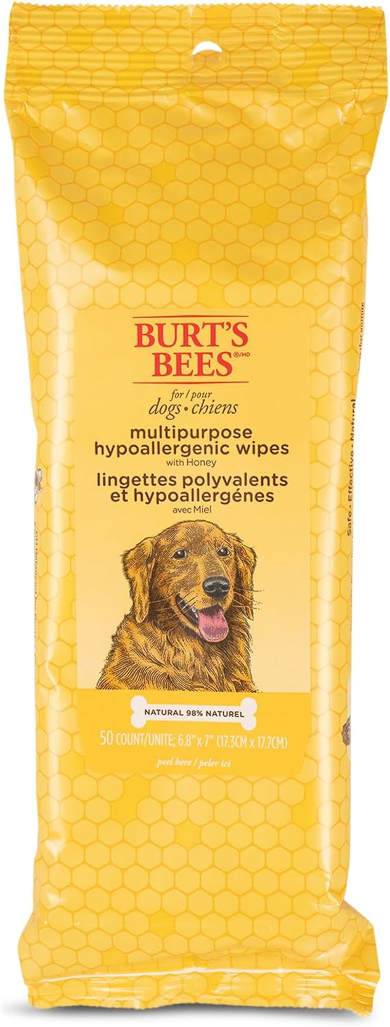 Honey Multipurpose Dog Grooming Wipes, Gentle Hypoallergenic Spot Cleaning Sheets, Ph Balanced Natural Origin Formula for Paws, Face and Butt, 50 Count
