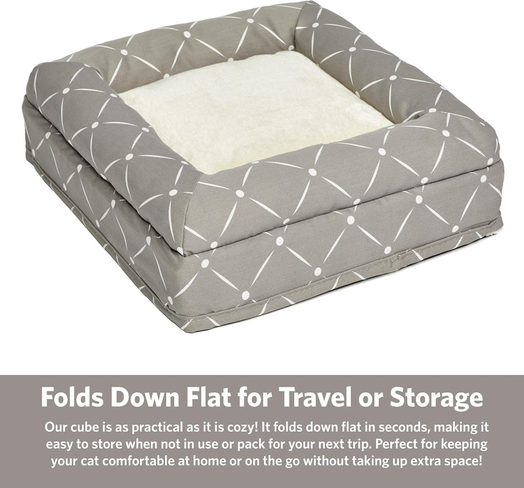 Feline Nuvo Curious Cat Cube, Foldable Cat Hideout with Toy, Bolstered Bed Top, Mushroom Diamond, Faux Fur