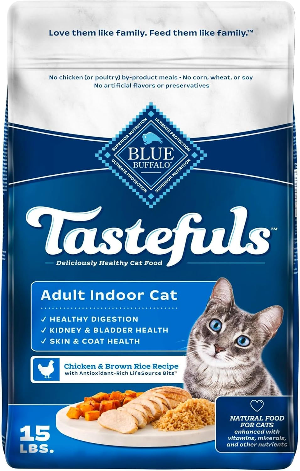 Tastefuls Natural Dry Food for Adult Indoor Cats, Chicken & Brown Rice Recipe, 15-Lb. Bag
