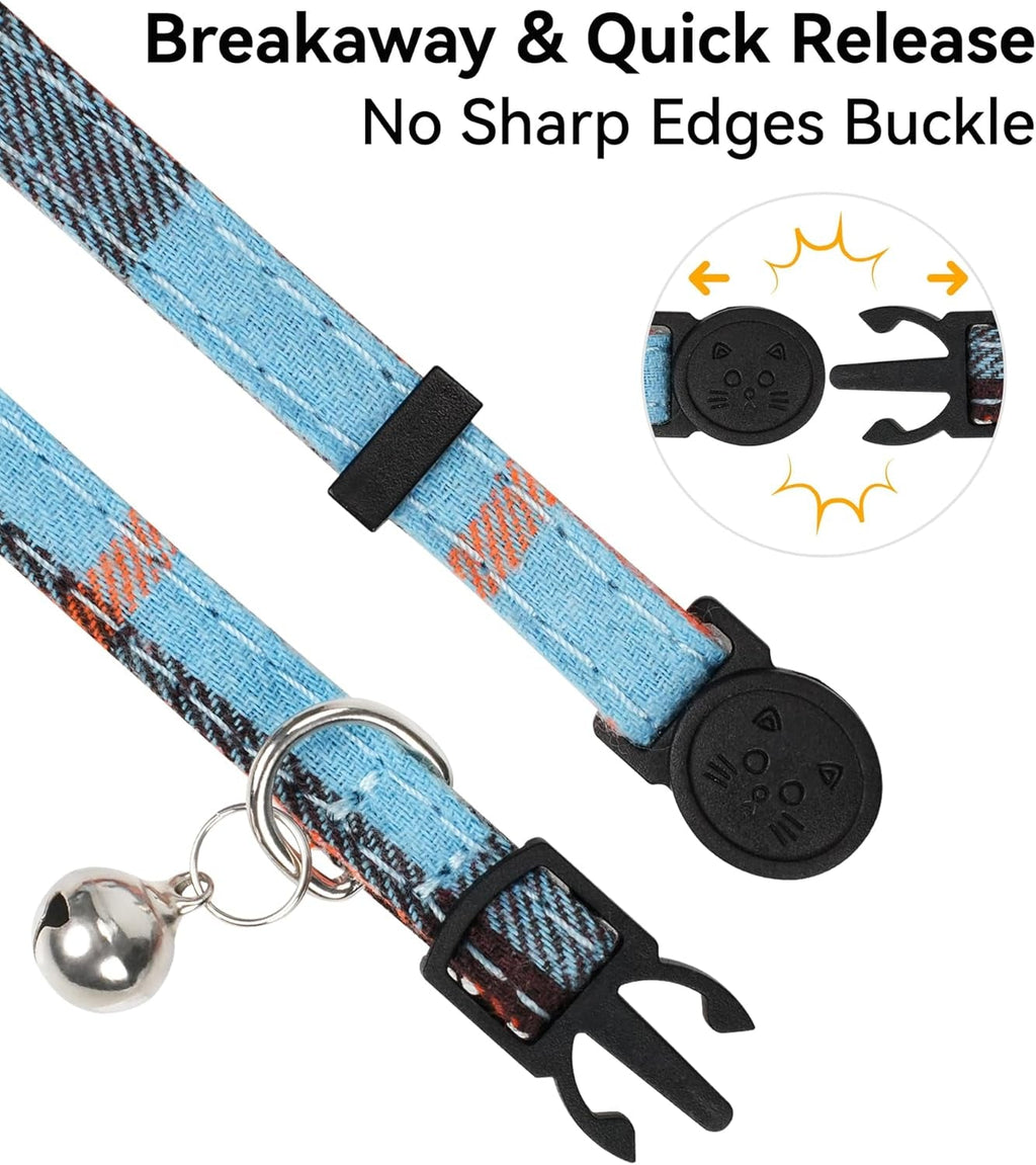 Upgraded Cat Collar with Bells, Breakaway Cat Collars with Bow Tie, 1 Pack Girl Boy Safety Plaid Kitten Collars, Haze Blue