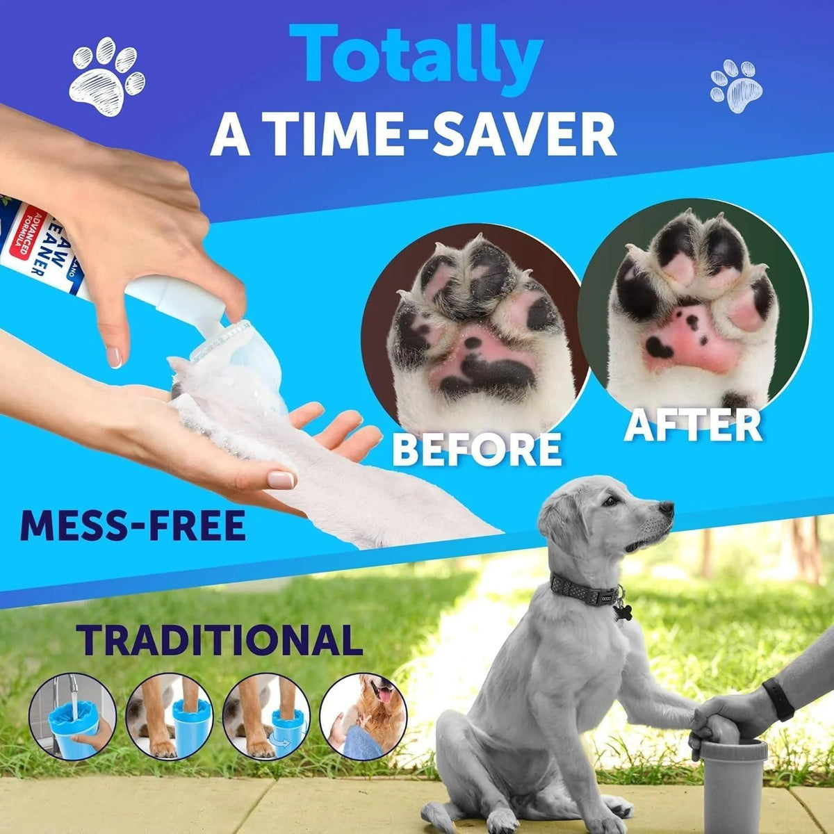 Paw Cleaner for Dogs Silicone Brush and 5Fl Oz No Rinse Foaming Cleanser