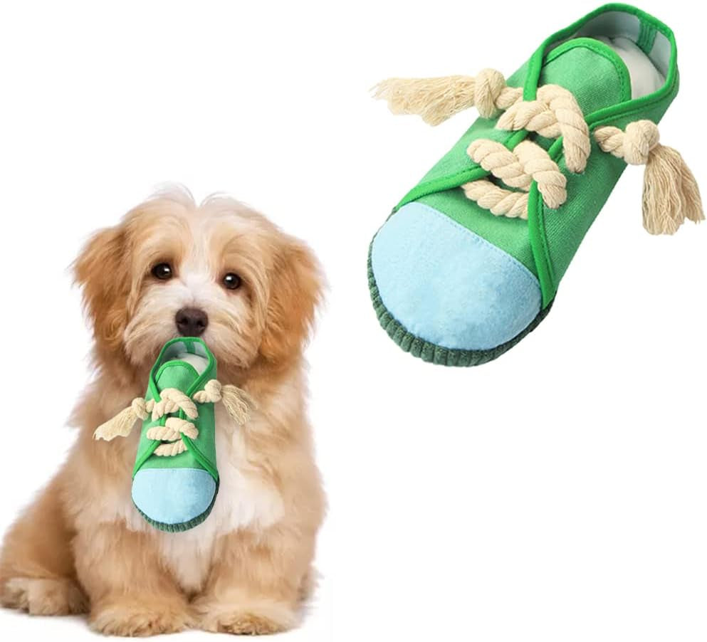 Interactive Squeaky Teething Shoe Dog Chew Toy - Durable & Machine Washable for Small to Medium Breeds (Green)
