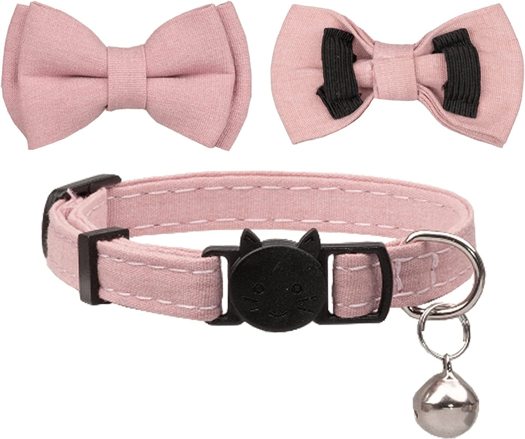Collar for Cat Pet Breakaway with Bell Bowtie Detachable Bow Adjustable Safety Kitten Puppy Girl Boy 2Pcs Pink Leopard & Pure