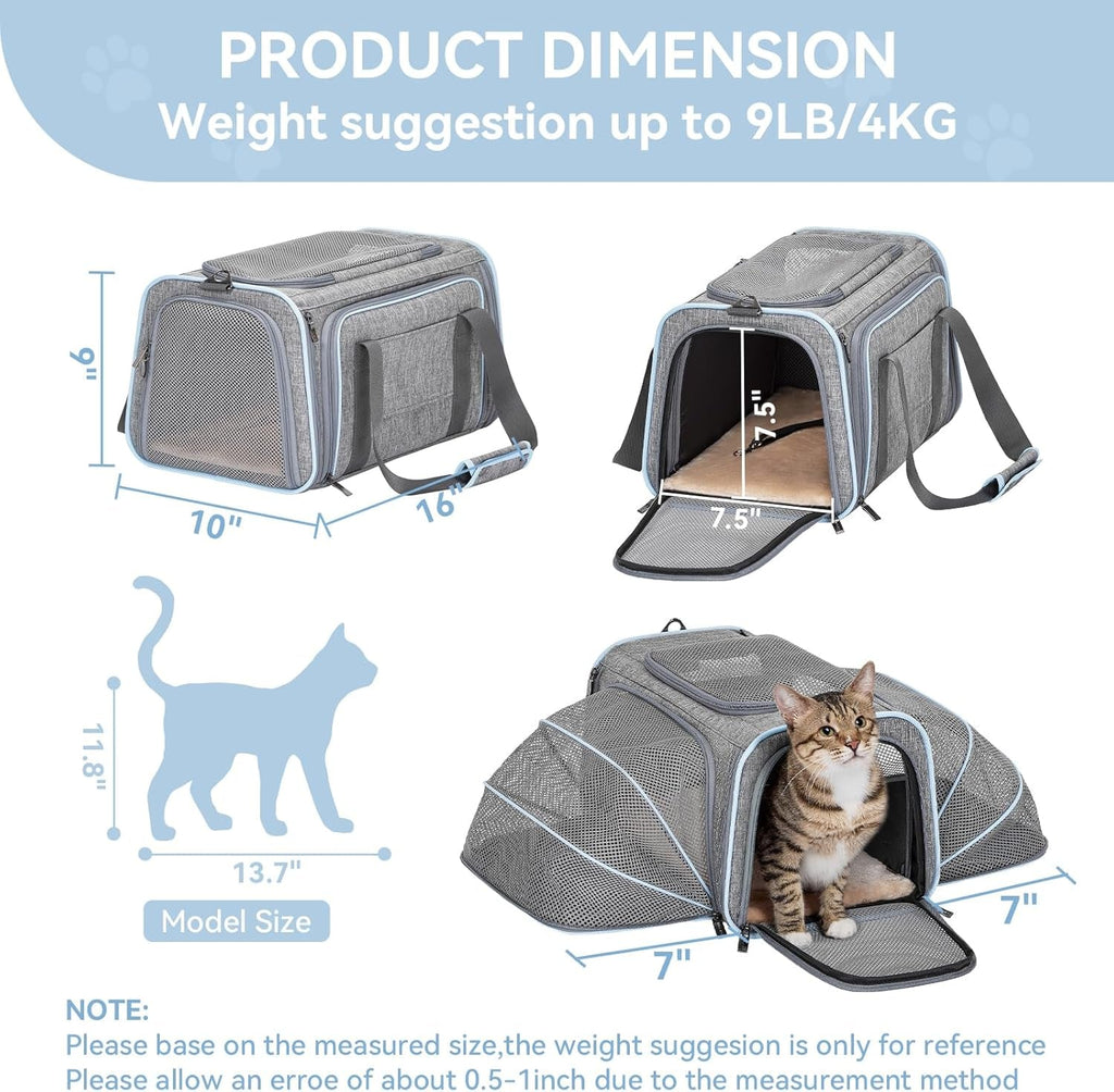 Expandable Small Cat Carriers Dog Carrier, Airline Approved Soft-Sided Portable Washable Pet Travel Carrier with Two Extension up to 9LB