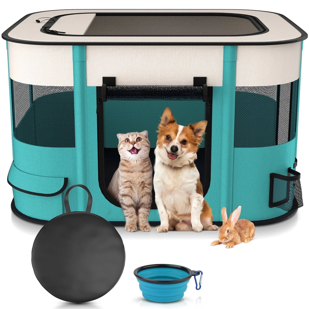 Portable Foldable Pet Playpen - Versatile Indoor/Outdoor Exercise Kennel with Removable Shade Cover for Dogs and Cats (Medium)
