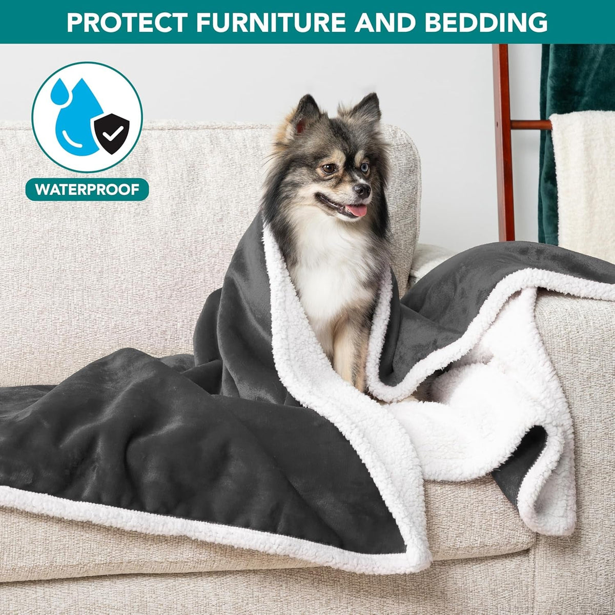Waterproof Dog Blanket for Small Medium Dog Puppy Cat Throw for Couch Cover Leakproof Protection, Sherpa Fleece, Reversible Soft Washable 29X40 Charcoal Gray