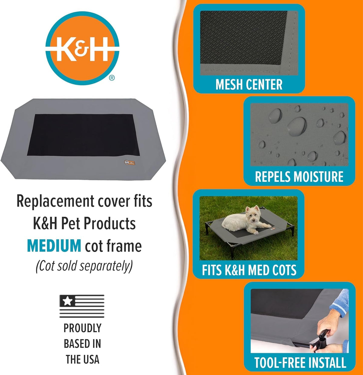 Dog Cot Replacement Cover, Designed to Fit K&H Medium Pet Cots (Sold Separately), Indoor Outdoor, Breathable Cooling Mesh Center, Machine Washable - Medium 32 X 25In Gray