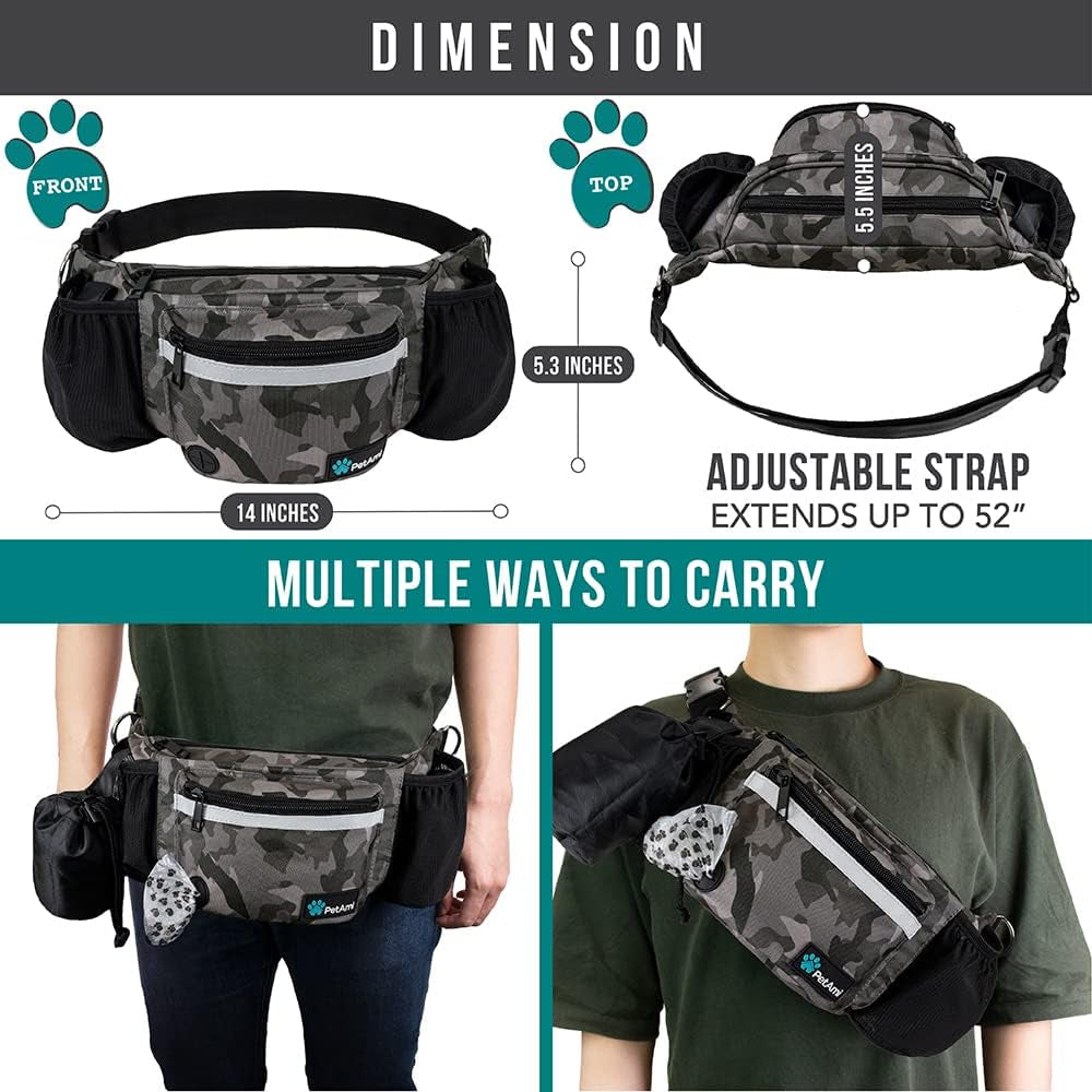Dog Fanny Pack, Treat Pouch for Dog Walking, Training, Built in Poop Bag Dispenser, Water Bottle Holder, Collapsible Bowl, Pet Treat Waist Belt for Hiking, Running, Kibbles (Camo Black)