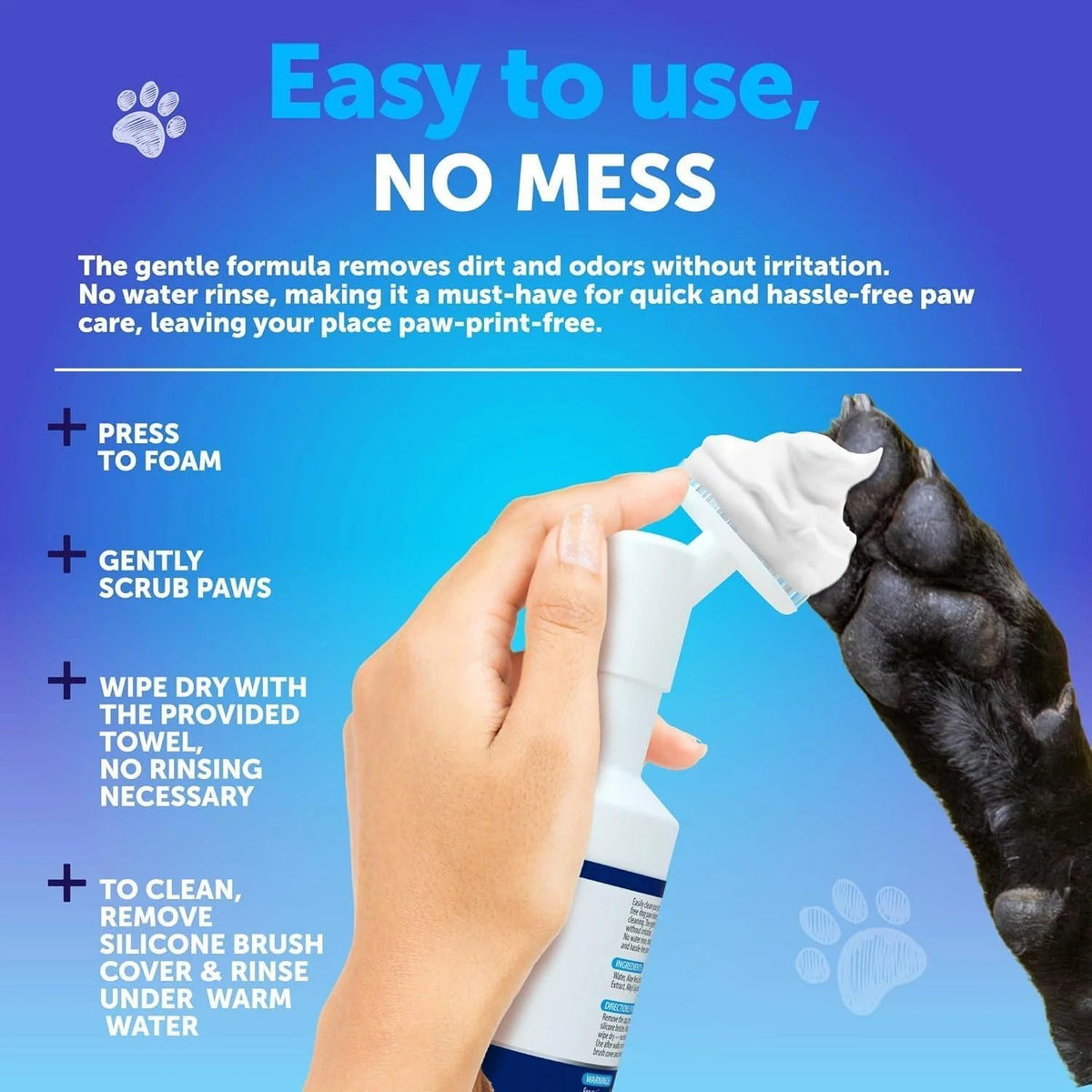 Paw Cleaner for Dogs Silicone Brush and 5Fl Oz No Rinse Foaming Cleanser