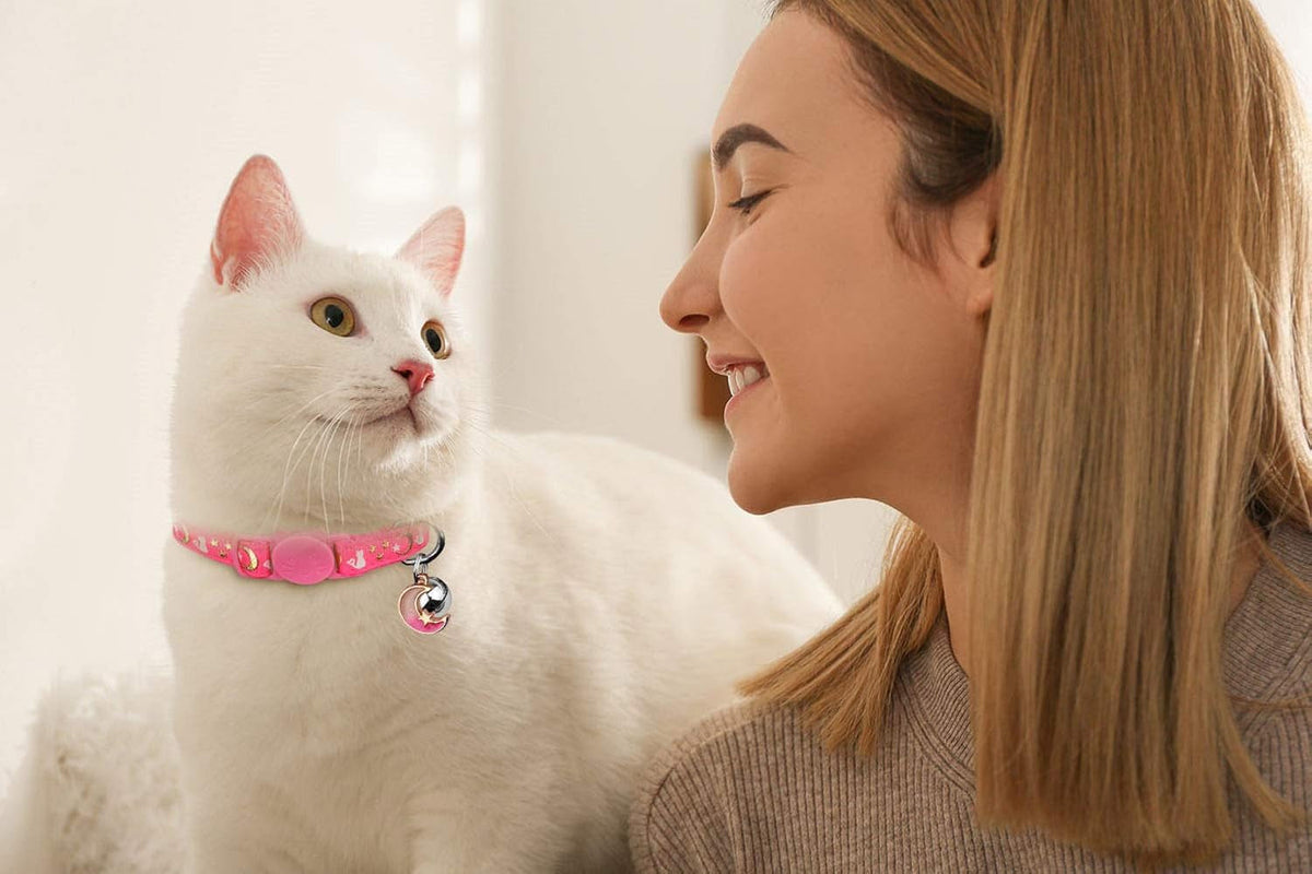 2-Pack Adjustable Glow-in-the-Dark Cat Collars with Moons & Stars Design