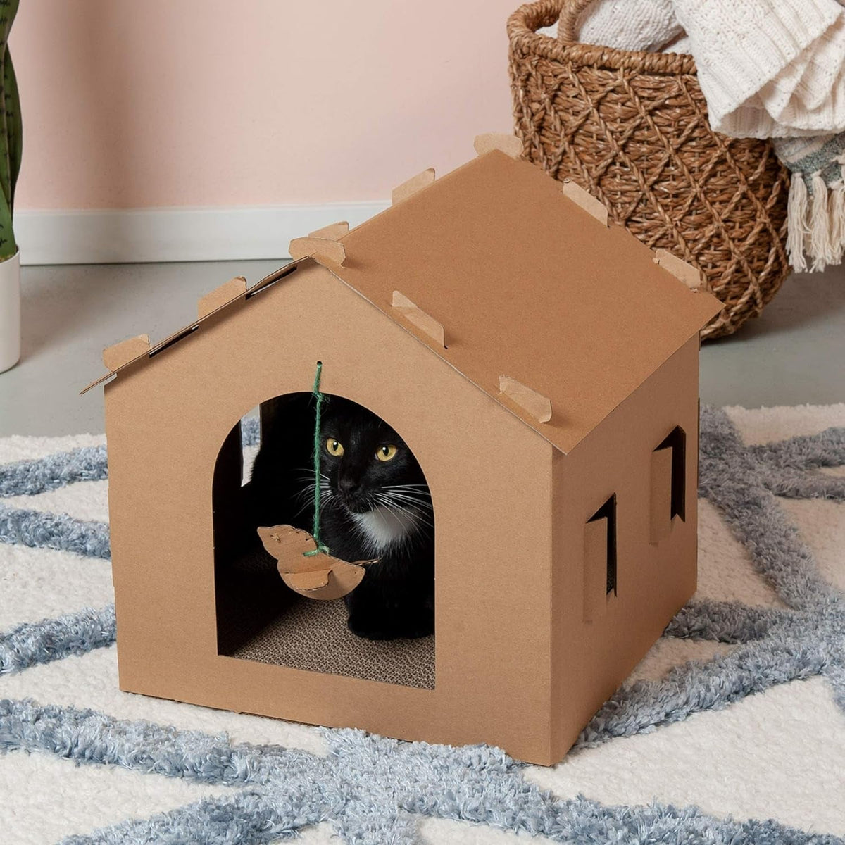 Cardboard Cat House Gingerbread House, Cat Hideout Scratcher with Detachable Hanging Toys