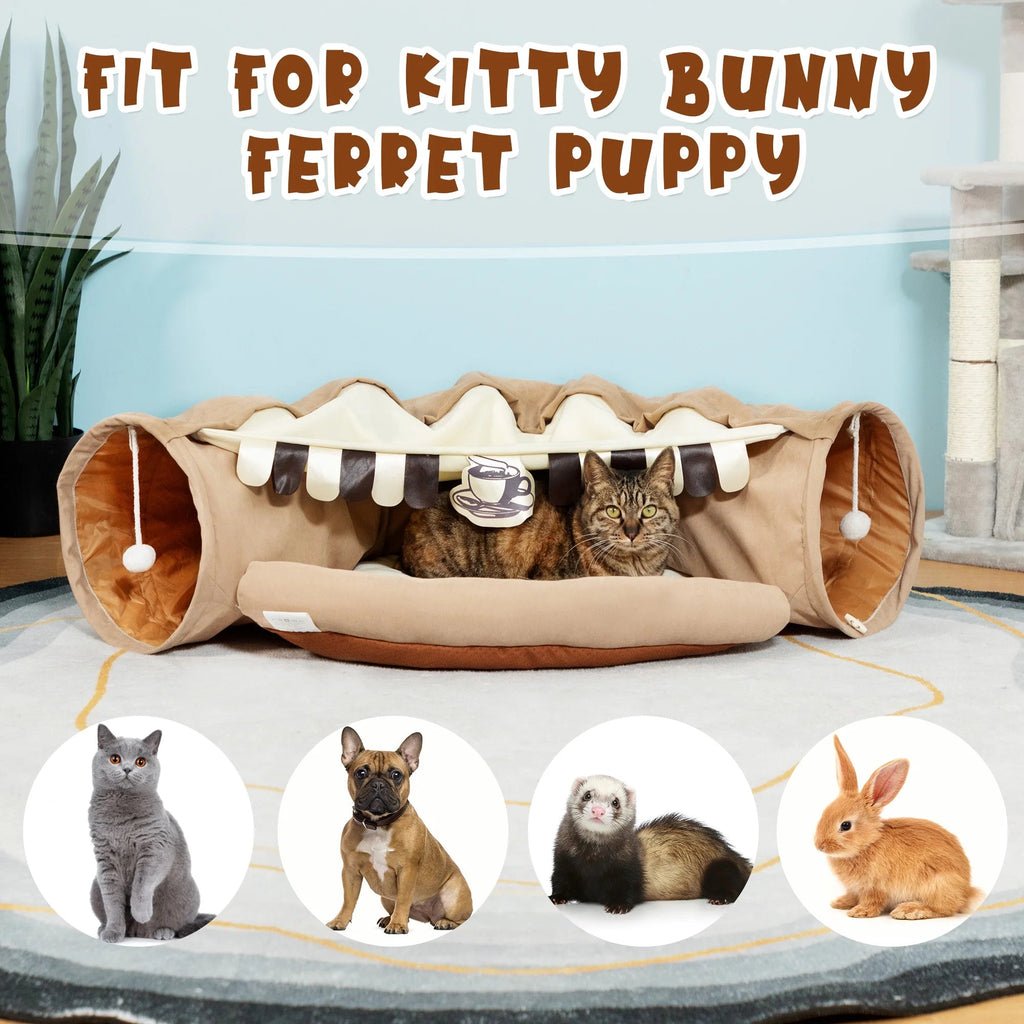 Cozy 2-in-1 Cat Tunnel Bed with Collapsible Washable Mat - Perfect for Indoor Cats in Stylish Coffee Color