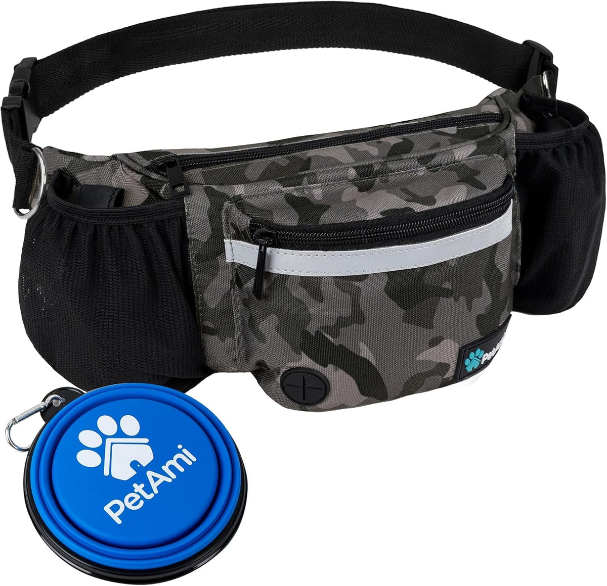 Dog Fanny Pack, Treat Pouch for Dog Walking, Training, Built in Poop Bag Dispenser, Water Bottle Holder, Collapsible Bowl, Pet Treat Waist Belt for Hiking, Running, Kibbles (Camo Black)