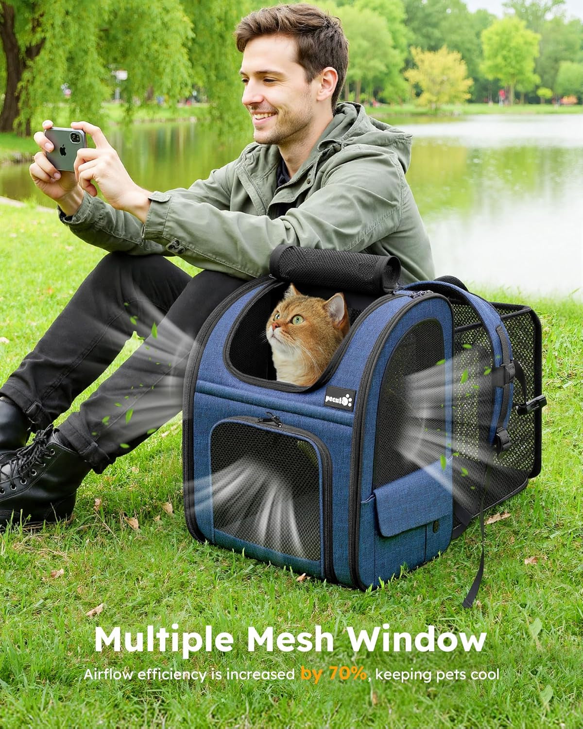 Cat Backpack Carrier Expandable, Pet Backpack for Cats & Small Dogs up to 11Lbs, with 4-Side Breathable Mesh, Multi-Entry & Lockable Zippers for Travel, Hiking, Camping - Hands Free, Blue
