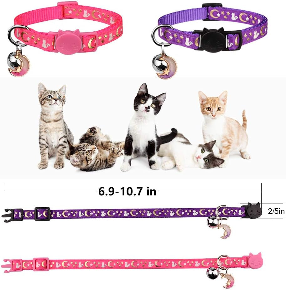 2-Pack Adjustable Glow-in-the-Dark Cat Collars with Moons & Stars Design