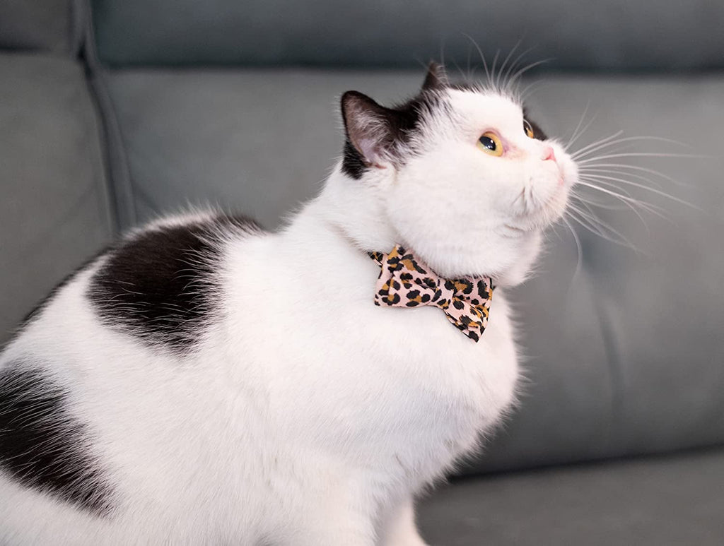 Collar for Cat Pet Breakaway with Bell Bowtie Detachable Bow Adjustable Safety Kitten Puppy Girl Boy 2Pcs Pink Leopard & Pure